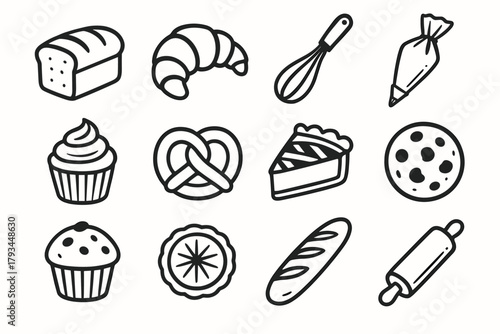 Dough baguette bakery icon muffin vector whisk bread set cupcake pretzel tart