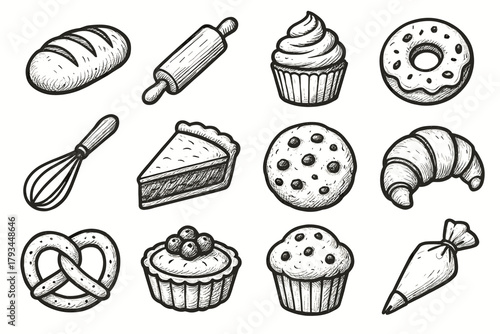 Pie tart set croissant rolling bakery icon vector cupcake muffin bread piping