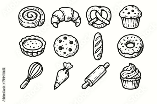 Muffin cupcake bag pastry cookie vector icon whisk donut rolling bakery set