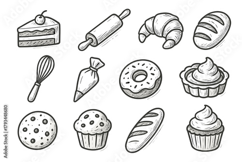 Vector baguette slice pin bakery icon donut piping cookie muffin collection bag
