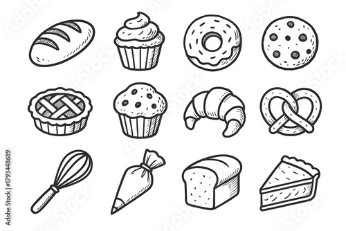 Vector cookie pin treats baked icon croissant bakery donut slice pretzel set