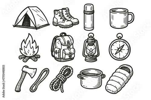 Bag thermos pot icon lantern vector set backpack rope boots camping hatchet