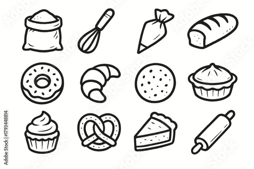 Whisk icon rolling croissant bakery set vector piping tart bag cookie donut