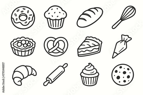 Piping vector pie donut pretzel icon croissant bakery slice cupcake muffin set