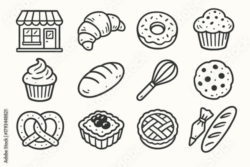 Donut bag set muffin pretzel piping icon loaf vector baguette bakery cupcake