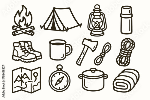 Compass camping icons axe map essentials lantern tent boots sleeping icon vector