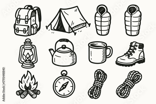 Backpack vector sleeping compass kettle essentials camping bag outdoor map rope icons