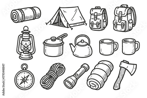 Compass vector camping pack rope flashlight adventure essentials pot icons lantern icon