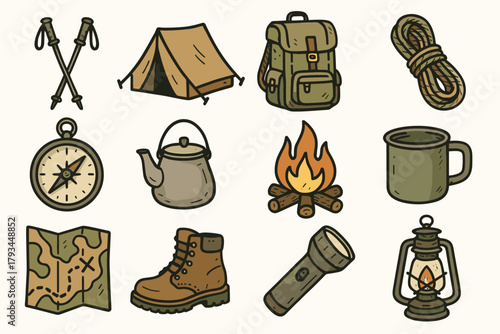 Flashlight map vector icons boots backpack mug icon kettle essentials camping hiking