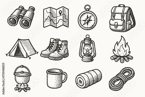 Mug pot boots backpack camping bag icons icon essentials vector exploration gear