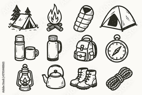 Boots vector thermos sleeping backpack camping tent cozy icon lantern collection kettle