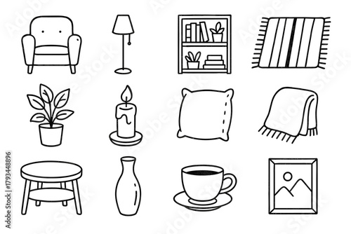 Cozy bookshelf coffee icon potted framed vector vase armchair interior floor candle