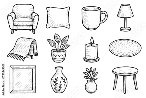 Vector elements candle icon frame plant armchair lamp cozy blanket icons mug