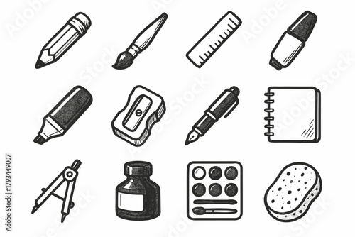 Ink vector tools art sponge icon pen sharpener marker icons ruler sketchbook