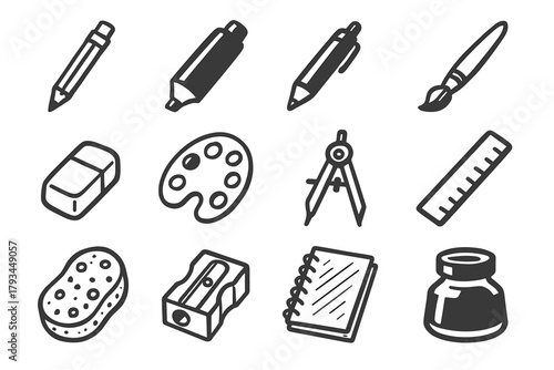 Mechanical sponge ruler compass tools icon ink sharpener pen icons sketchbook vector