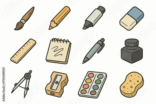 Ink marker pen drawing icons tools compass eraser sketchbook vector icon pot