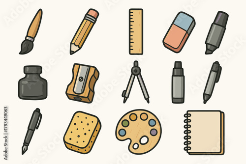 Vector palette brush tools sharpener eraser pen pot icon ink drawing icons