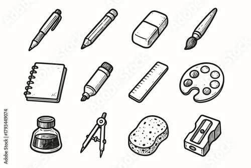 Compass icon paintbrush drawing tools vector icons ink sketchbook ruler marker sharpener