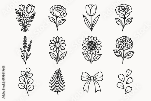 Hydrangea petal garden eucalyptus icons bouquet lavender icon fern peony floral ribbon