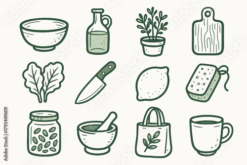 Icons green reusable cutting knife bottle kitchen leaves icon vector lemon board