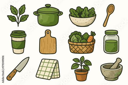Herbs icons green kitchen basil wooden leafy ceramic salad vector vegetable icon