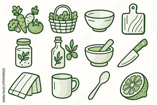 Jar olive green vector mug icon kitchen knife fresh oil bowl herb