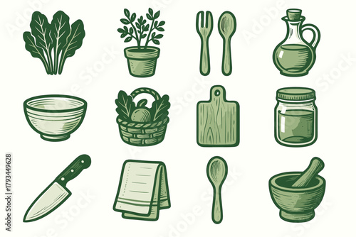 Vector spoon towel olive greens basket icons green icon ceramic kitchen mortar