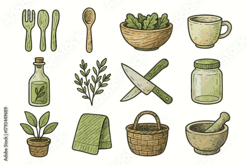 Ceramic icon icons potted kitchen bamboo sustainable glass utensils cup mortar vector