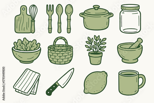 Kitchen pot basket icons mortar knife vector bowl bamboo green jar salad
