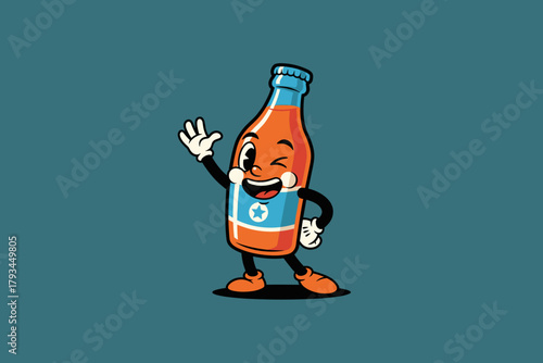 Retro Cartoon Orange Soda Bottle Character Waving and Winking.