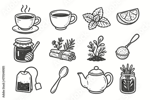 Herbs collection leaves cinnamon herbal lemon tea bag infuser honey vector icons