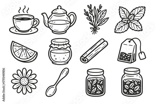 Bag lemon icon flower teapot herbal tea vector cinnamon wedge cup spoon