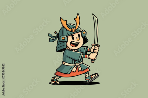 Happy Cartoon Samurai Kid with Sword Ready for Battle.