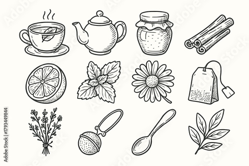 Herbal icon chamomile honey sprig herbs lemon jar cup icons teapot tea