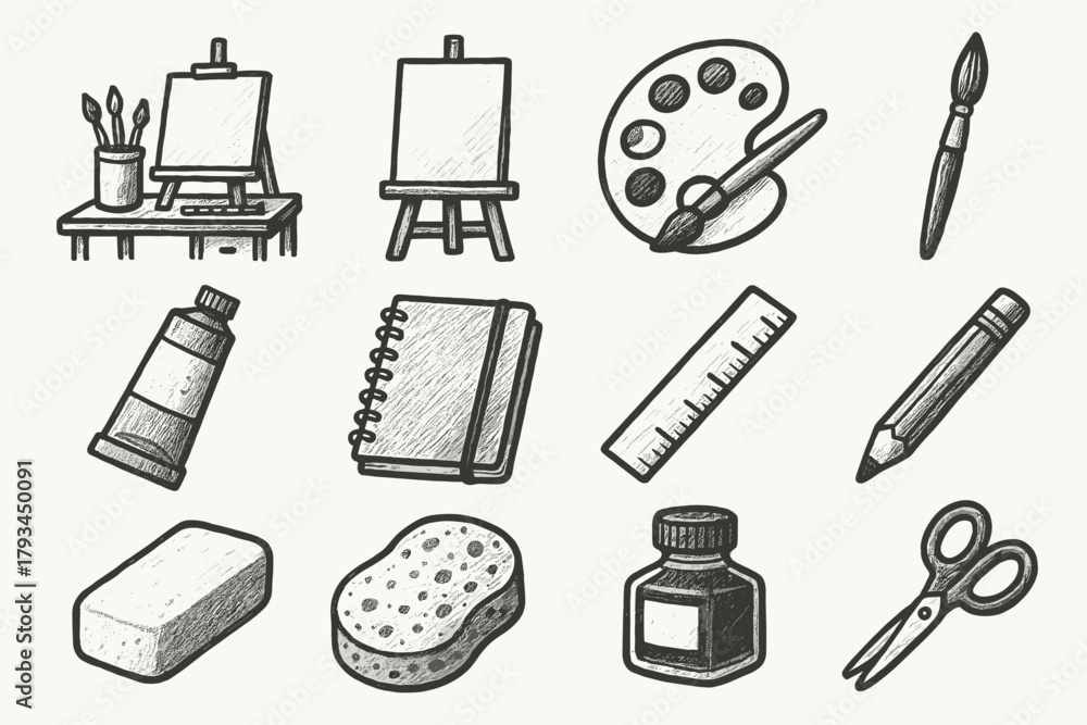 Fototapeta premium Sketchbook ink palette pencil tube easel vector art brush icon icons studio