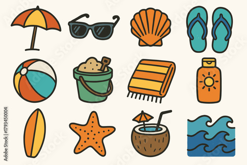 Ball sunglasses seashell coconut beach surfboard vector icon sunscreen day icons umbrella