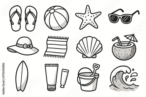Seashell wave bucket beach sunscreen day vector coconut starfish sun icons drink