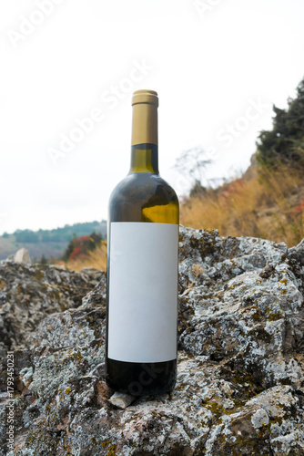 A bottle of wine in the mountains