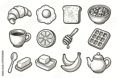 Set icon croissant vector breakfast butter egg tea orange fried bowl banana