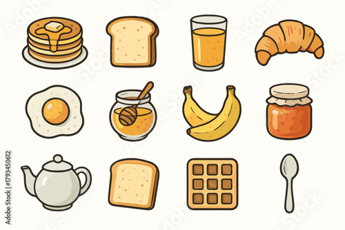 Pot waffle vector icon morning set spoon banana breakfast toast meal juice