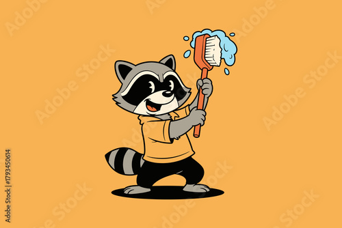 Cute Raccoon Mascot Holding a Scrub Brush with Soap Bubbles.