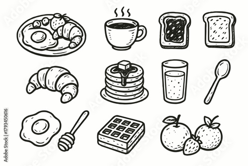Set waffle bowl toast jam icon stack orange vector croissant breakfast fried