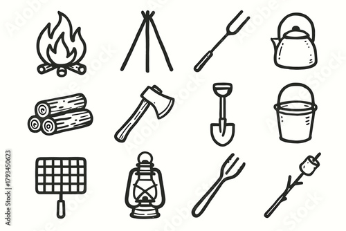 Shovel marshmallow tongs vector roasting logs tools lantern icon campfire tripod metal