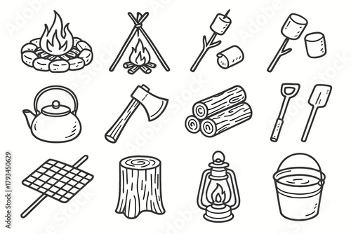 Tools water icon icons vector bucket stick pit stool campfire fire lantern