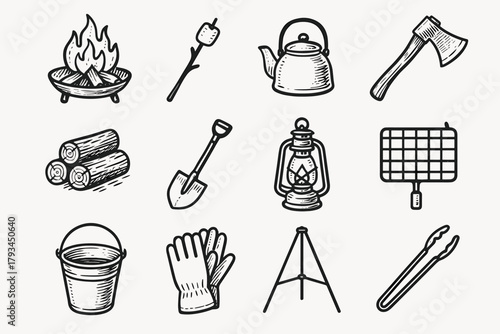 Tools shovel tripod gloves water icon campfire logs vector axe bucket grate