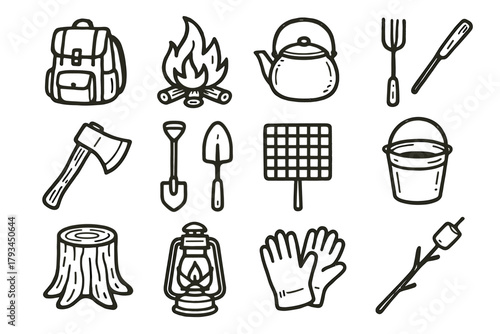 Shovel tools gloves icon campfire grill camping essentials roasting vector stool