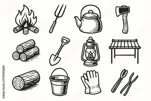 Bucket grate vector axe tools campfire shovel seat log fork gloves icon