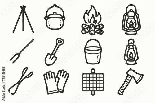 Gloves fire vector campfire grill tools tripod metal icon axe lantern pit