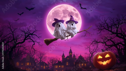 Two friendly ghosts in witch hats are flying on a broomstick against a backdrop of a bright full moon, dark trees, bats, and a haunted house, creating a festive Halloween scene