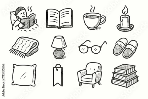 Slippers book icons reading vector cozy pile bookmark relaxation tea icon time